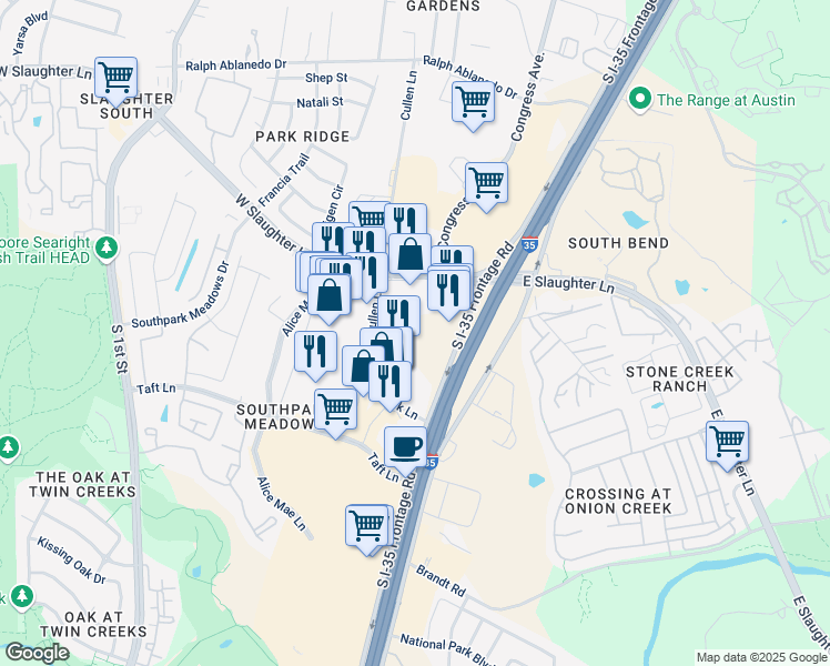 map of restaurants, bars, coffee shops, grocery stores, and more near 9200 N Interstate 35 Frontage Rd in Austin