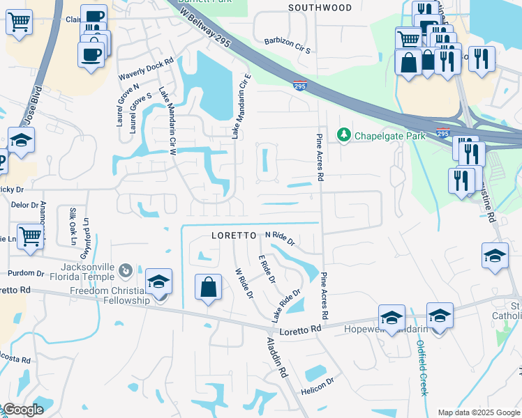 map of restaurants, bars, coffee shops, grocery stores, and more near 3813 Olympic Lane in Jacksonville