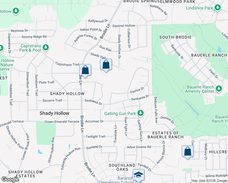 map of restaurants, bars, coffee shops, grocery stores, and more near 3208 Festus Drive in Austin