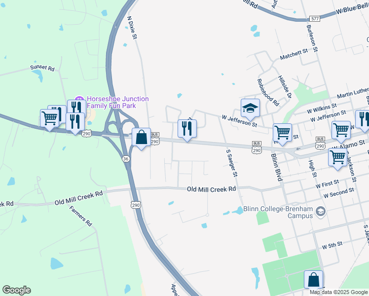 map of restaurants, bars, coffee shops, grocery stores, and more near 1509 West Main Street in Brenham
