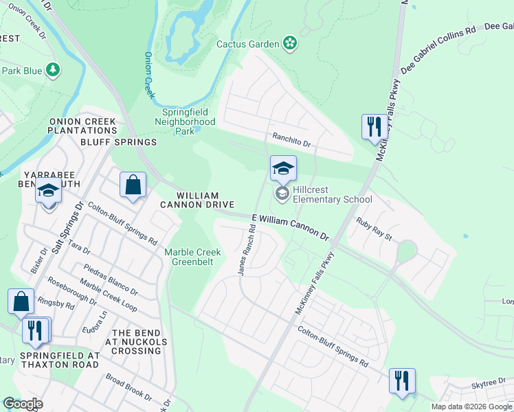 map of restaurants, bars, coffee shops, grocery stores, and more near 7002 Janes Ranch Road in Austin