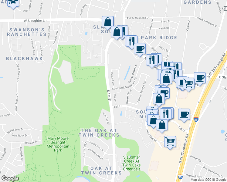 map of restaurants, bars, coffee shops, grocery stores, and more near 9624 Alex Lane in Austin