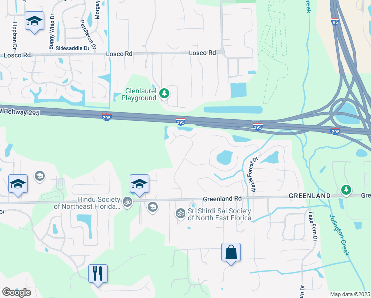 map of restaurants, bars, coffee shops, grocery stores, and more near 11577 Derby Forest Drive in Jacksonville