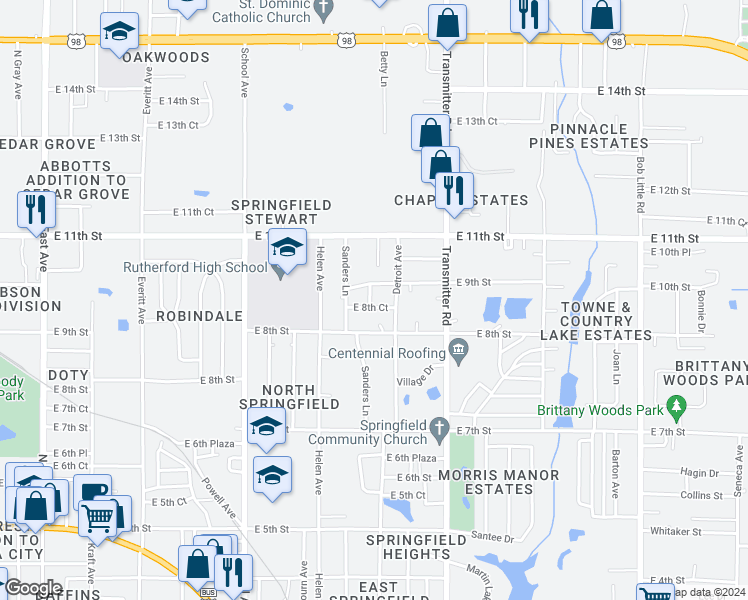 map of restaurants, bars, coffee shops, grocery stores, and more near 3729 East 8th Court in Panama City