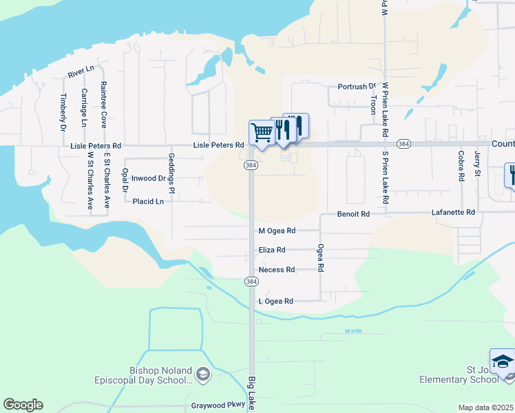 map of restaurants, bars, coffee shops, grocery stores, and more near 5095 Big Lake Road in Lake Charles