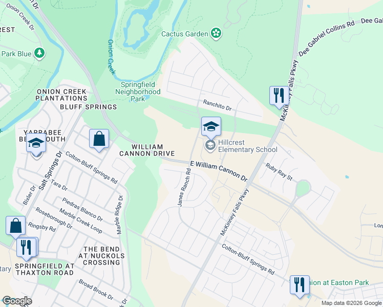 map of restaurants, bars, coffee shops, grocery stores, and more near Janes Ranch Road in Austin