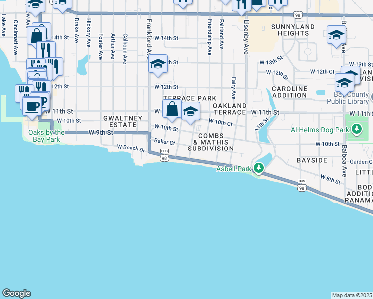 map of restaurants, bars, coffee shops, grocery stores, and more near 1810 West Beach Drive in Panama City