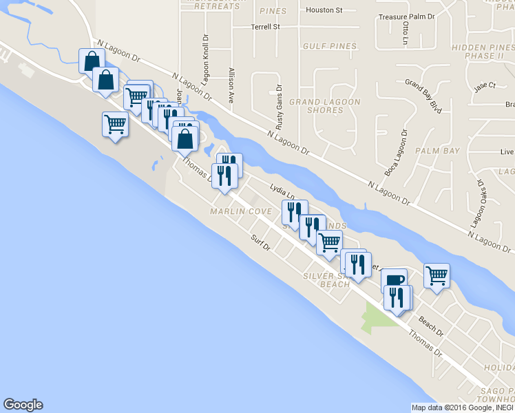 map of restaurants, bars, coffee shops, grocery stores, and more near 8314 Thomas Drive in Panama City