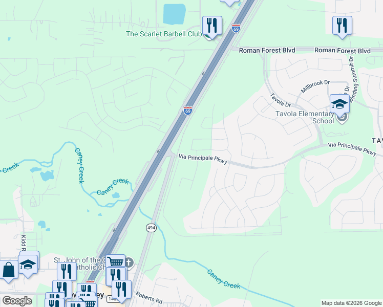 map of restaurants, bars, coffee shops, grocery stores, and more near 18808 Genova Bay Court in New Caney