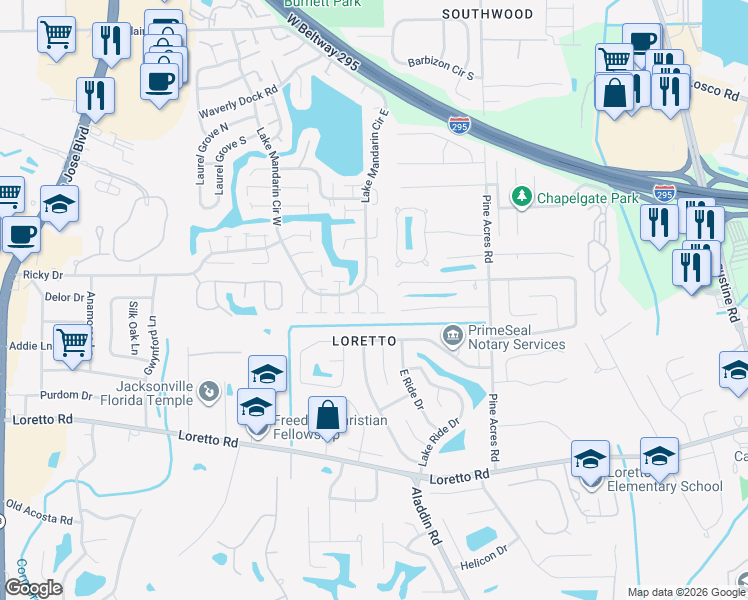map of restaurants, bars, coffee shops, grocery stores, and more near 11448 John Dory Way in Jacksonville