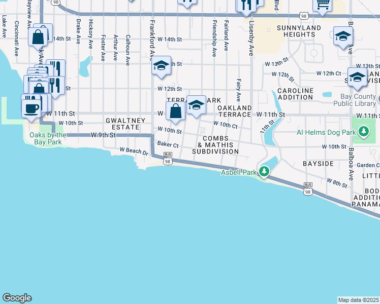map of restaurants, bars, coffee shops, grocery stores, and more near 1810 West Beach Drive in Panama City