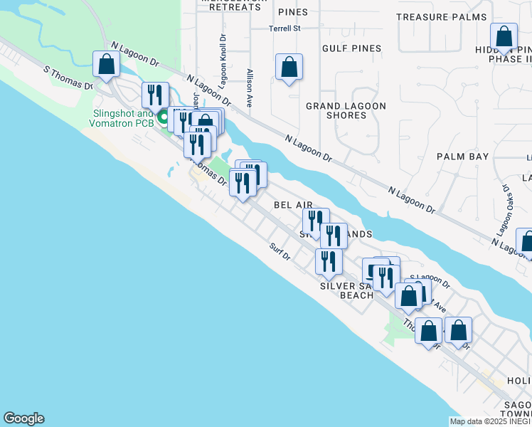 map of restaurants, bars, coffee shops, grocery stores, and more near 8314 Thomas Drive in Panama City