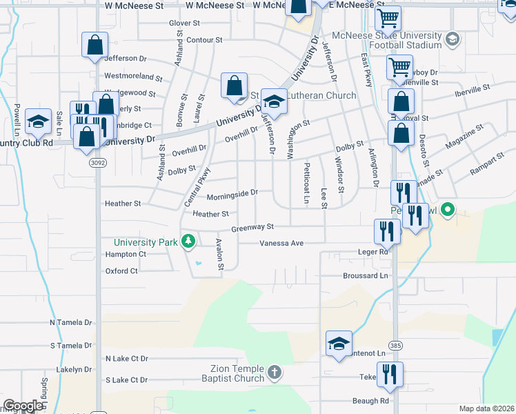 map of restaurants, bars, coffee shops, grocery stores, and more near 333 Beauregard Street in Lake Charles