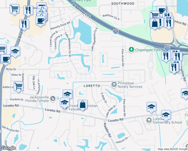 map of restaurants, bars, coffee shops, grocery stores, and more near 11448 John Dory Way in Jacksonville