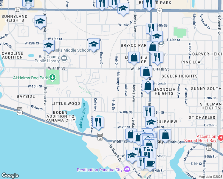 map of restaurants, bars, coffee shops, grocery stores, and more near 927 Mulberry Avenue in Panama City