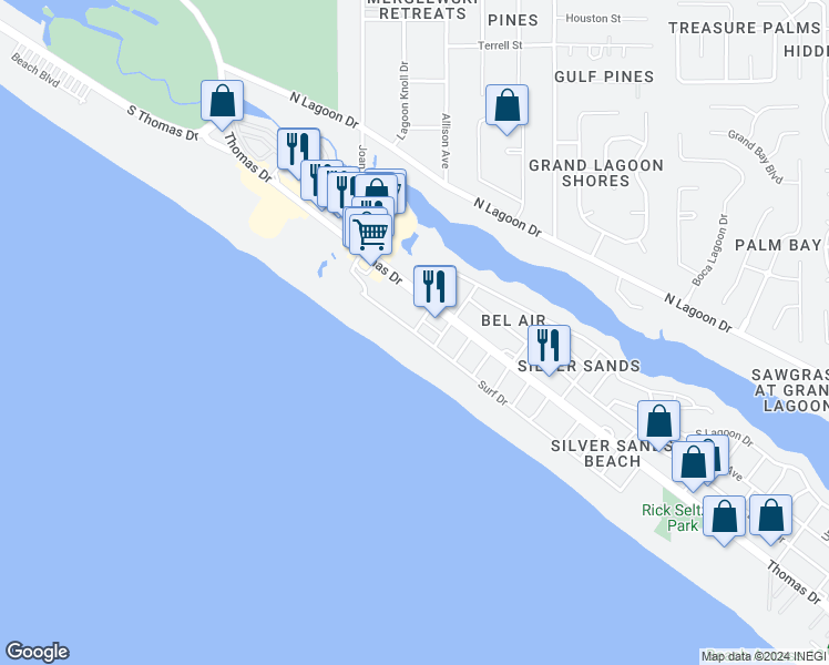 map of restaurants, bars, coffee shops, grocery stores, and more near 8517 Surf Drive in Panama City