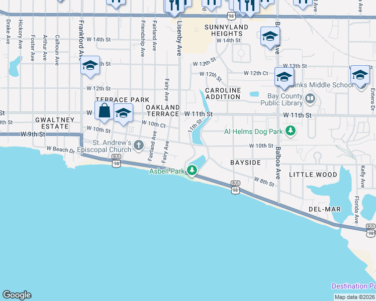 map of restaurants, bars, coffee shops, grocery stores, and more near 923 West Caroline Boulevard in Panama City