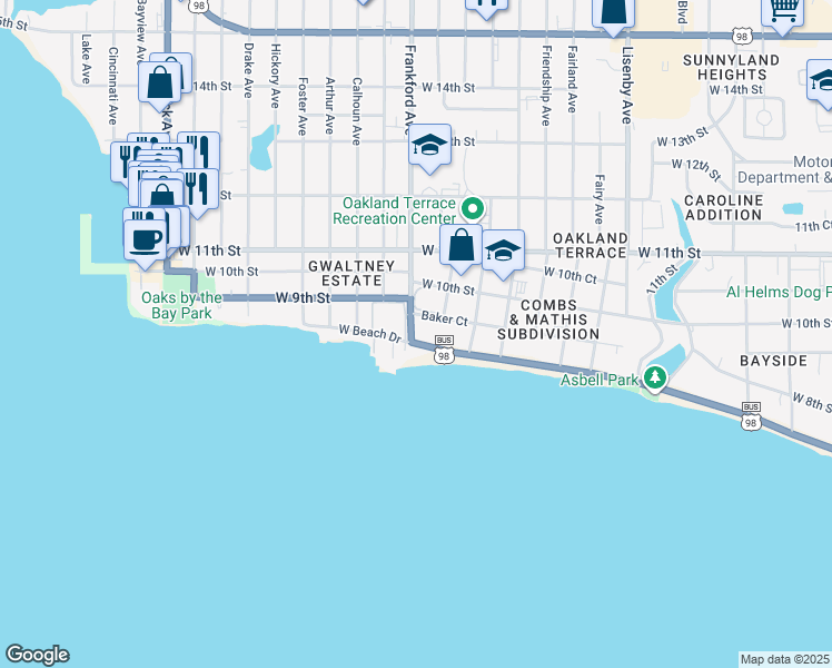 map of restaurants, bars, coffee shops, grocery stores, and more near 2028 West Beach Drive in Panama City