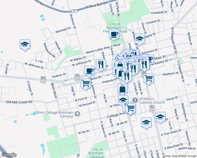 map of restaurants, bars, coffee shops, grocery stores, and more near 503 West Alamo Street in Brenham