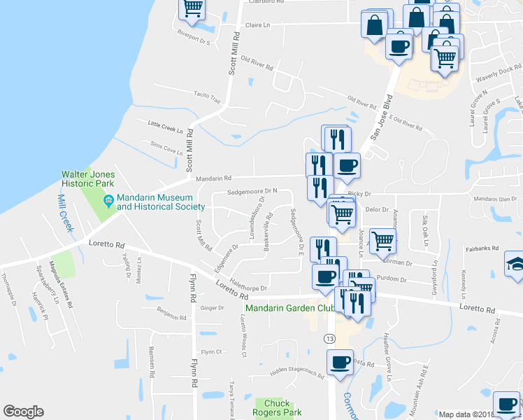 map of restaurants, bars, coffee shops, grocery stores, and more near 11423 Lowndesboro Drive in Jacksonville