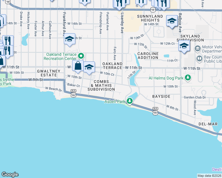 map of restaurants, bars, coffee shops, grocery stores, and more near 1401 Baker Court in Panama City