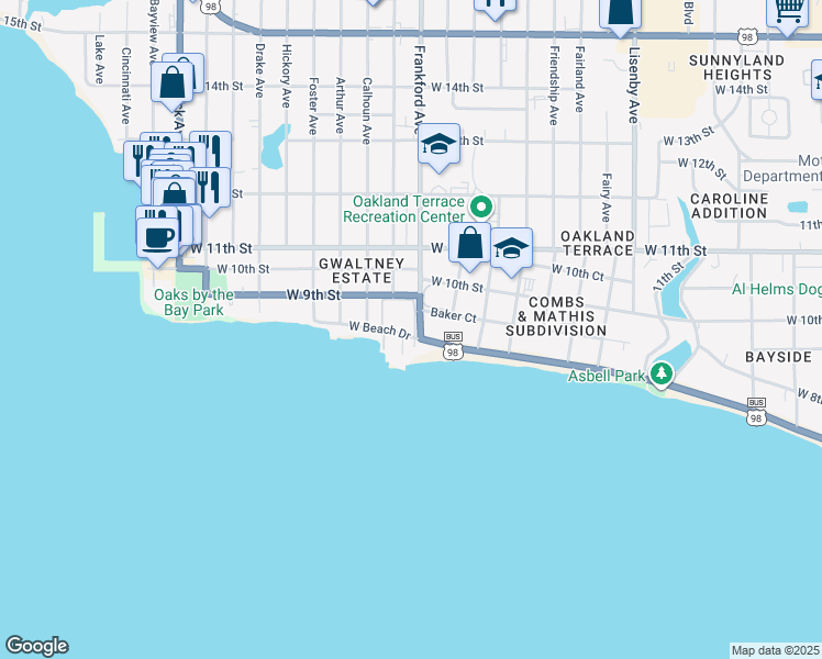 map of restaurants, bars, coffee shops, grocery stores, and more near 2028 West Beach Drive in Panama City