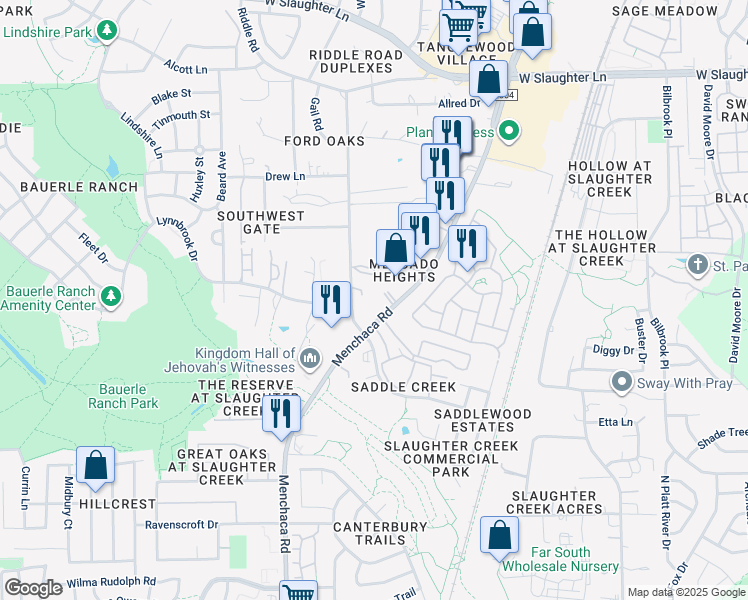map of restaurants, bars, coffee shops, grocery stores, and more near 10542 Manchaca Road in Austin