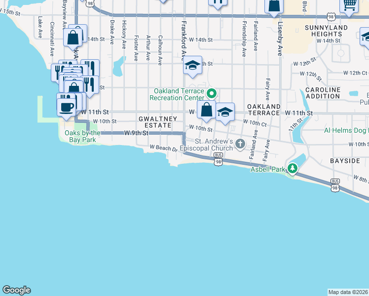 map of restaurants, bars, coffee shops, grocery stores, and more near 836 Florida 30 in Panama City