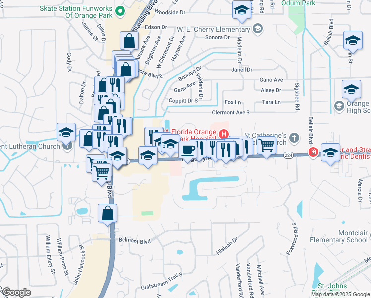map of restaurants, bars, coffee shops, grocery stores, and more near 2145 Kingsley Avenue in Orange Park