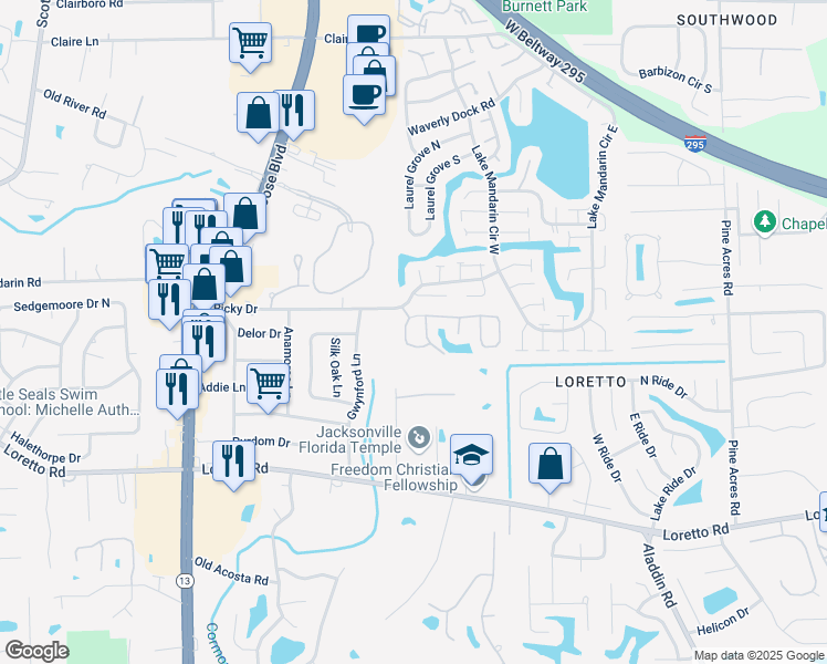 map of restaurants, bars, coffee shops, grocery stores, and more near 3270 Ricky Drive in Jacksonville