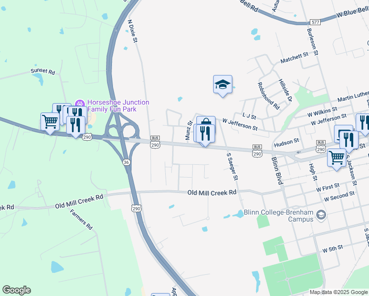 map of restaurants, bars, coffee shops, grocery stores, and more near 1509 West Main Street in Brenham