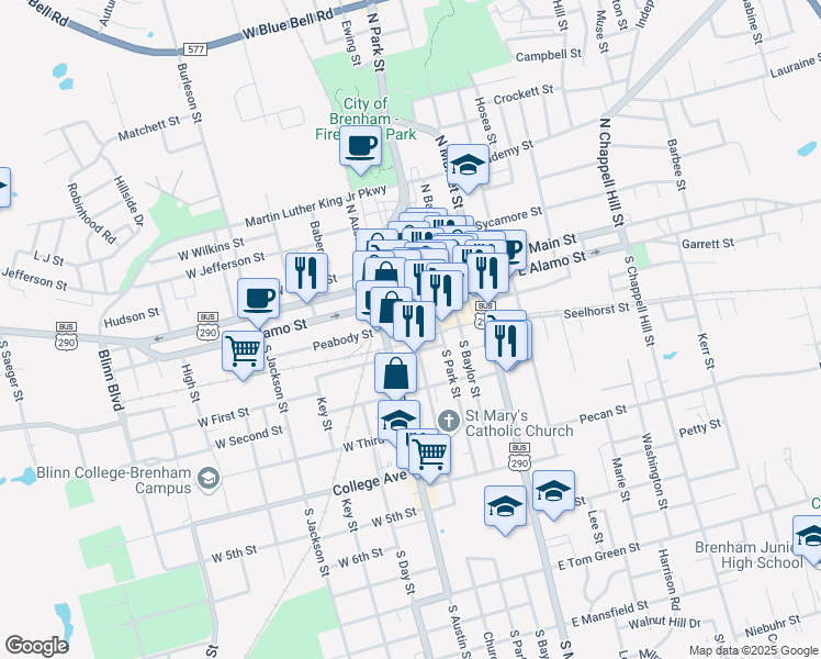 map of restaurants, bars, coffee shops, grocery stores, and more near 300 Church Street in Brenham