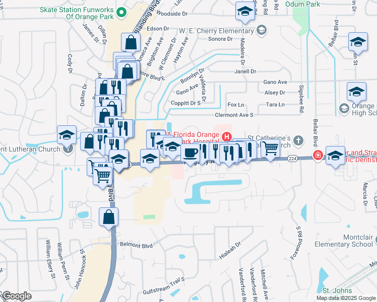 map of restaurants, bars, coffee shops, grocery stores, and more near 2145 Kingsley Avenue in Orange Park