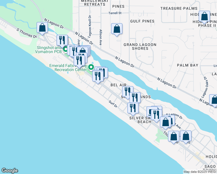 map of restaurants, bars, coffee shops, grocery stores, and more near 8314 Thomas Drive in Panama City