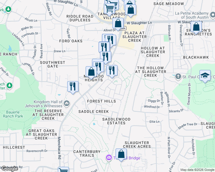 map of restaurants, bars, coffee shops, grocery stores, and more near 10501 Marfa Drive in Austin
