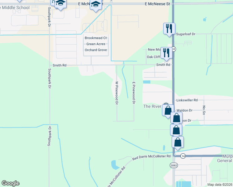 map of restaurants, bars, coffee shops, grocery stores, and more near 5674 West Pinewood Drive in Lake Charles