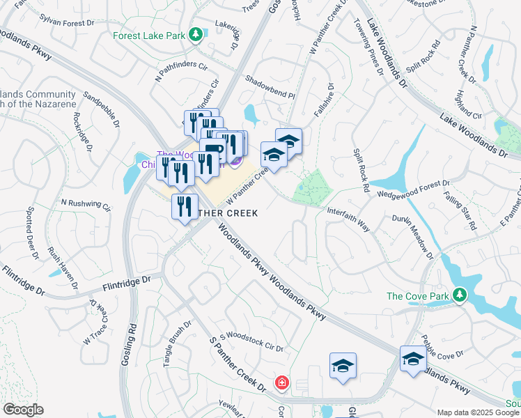 map of restaurants, bars, coffee shops, grocery stores, and more near 333 Holly Creek Court in The Woodlands