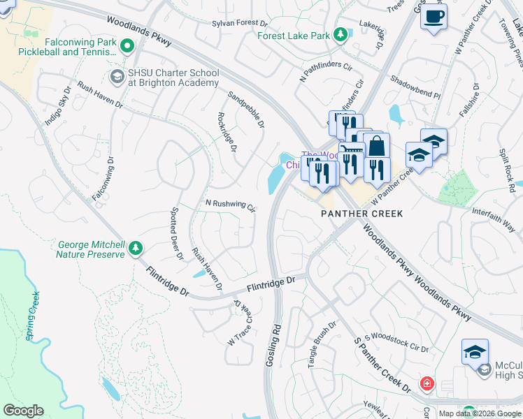 map of restaurants, bars, coffee shops, grocery stores, and more near 89 North Rushwing Circle in Spring