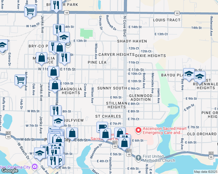 map of restaurants, bars, coffee shops, grocery stores, and more near 917 Hamilton Avenue in Panama City