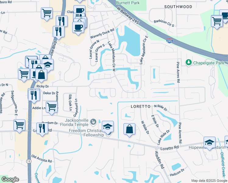map of restaurants, bars, coffee shops, grocery stores, and more near 11488 Mandarin Glen Circle South in Jacksonville