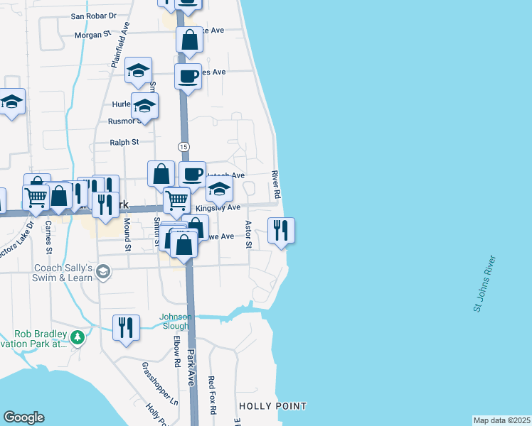 map of restaurants, bars, coffee shops, grocery stores, and more near 31 Winterbourne North in Orange Park