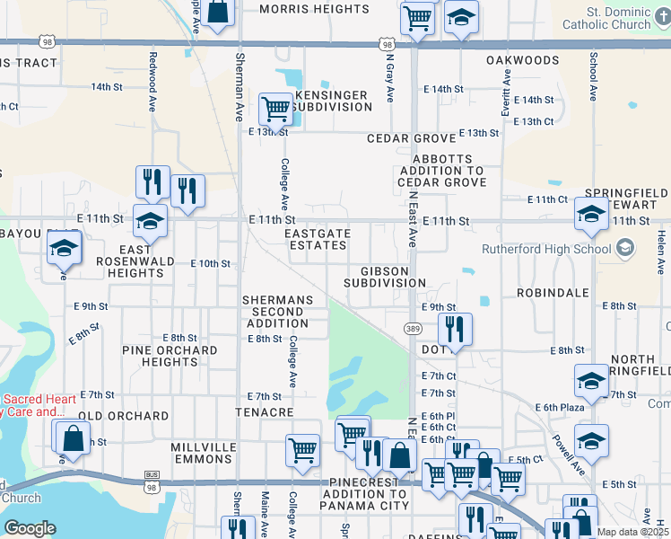 map of restaurants, bars, coffee shops, grocery stores, and more near 920 North Center Avenue in Panama City