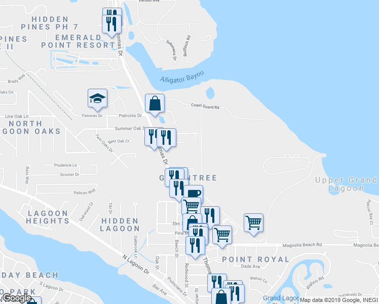 map of restaurants, bars, coffee shops, grocery stores, and more near 6216 Cypress Point Drive in Panama City Beach