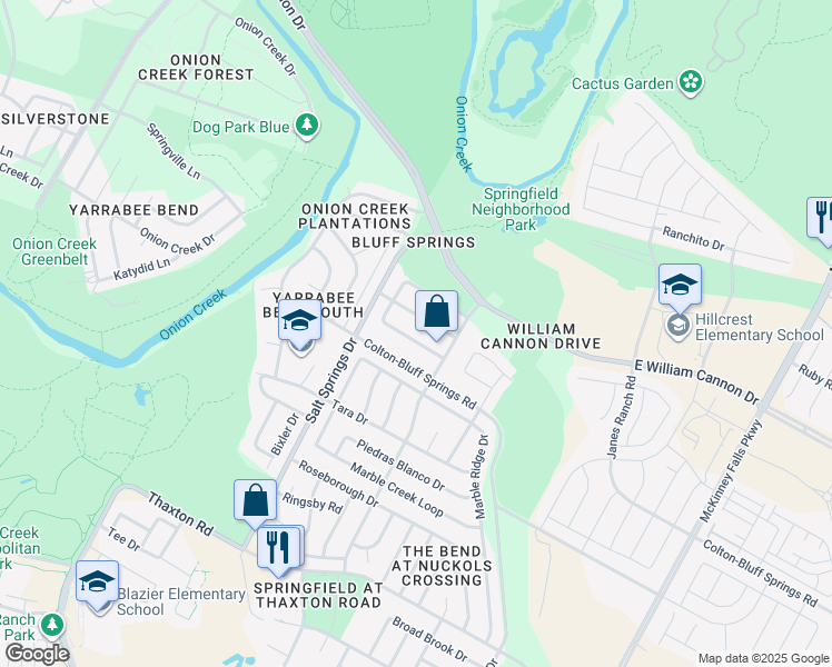 map of restaurants, bars, coffee shops, grocery stores, and more near 6416 Colton-Bluff Springs Road in Austin