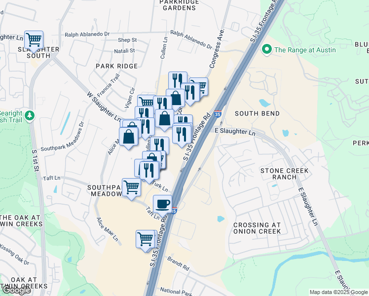 map of restaurants, bars, coffee shops, grocery stores, and more near 9108 North Interstate 35 Frontage Road in Austin