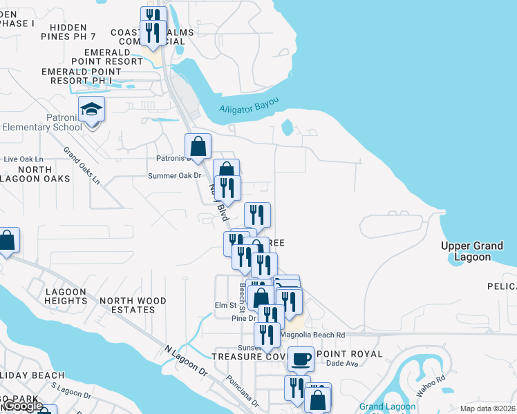 map of restaurants, bars, coffee shops, grocery stores, and more near 6110 Cypress Point Drive in Panama City