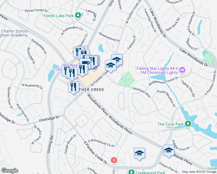 map of restaurants, bars, coffee shops, grocery stores, and more near 311 Holly Creek Court in The Woodlands