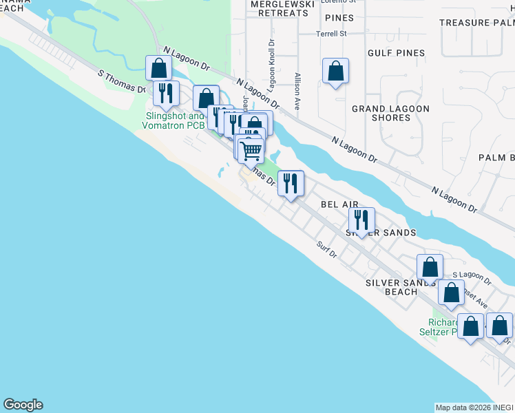 map of restaurants, bars, coffee shops, grocery stores, and more near 8601 Surf Drive in Panama City Beach