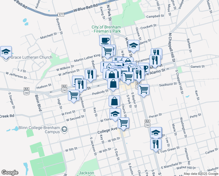 map of restaurants, bars, coffee shops, grocery stores, and more near 214 South Austin Street in Brenham