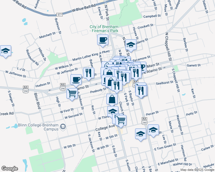 map of restaurants, bars, coffee shops, grocery stores, and more near 307 Peabody Street in Brenham